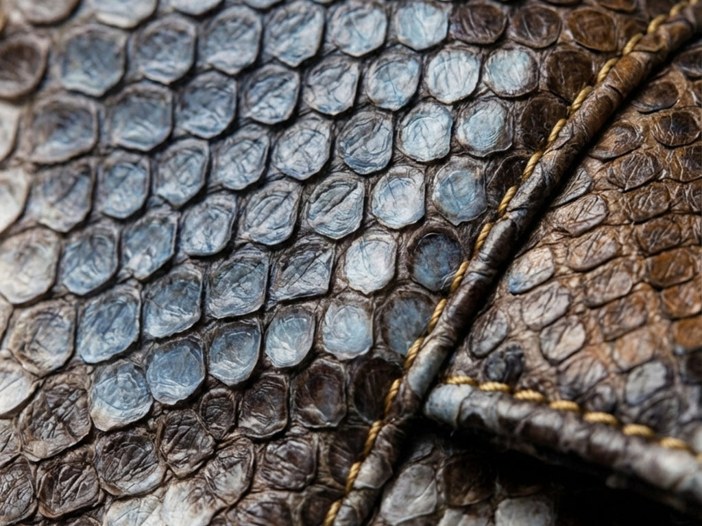 Close-up of snakeskin leather texture in blue, tan, and brown tones.