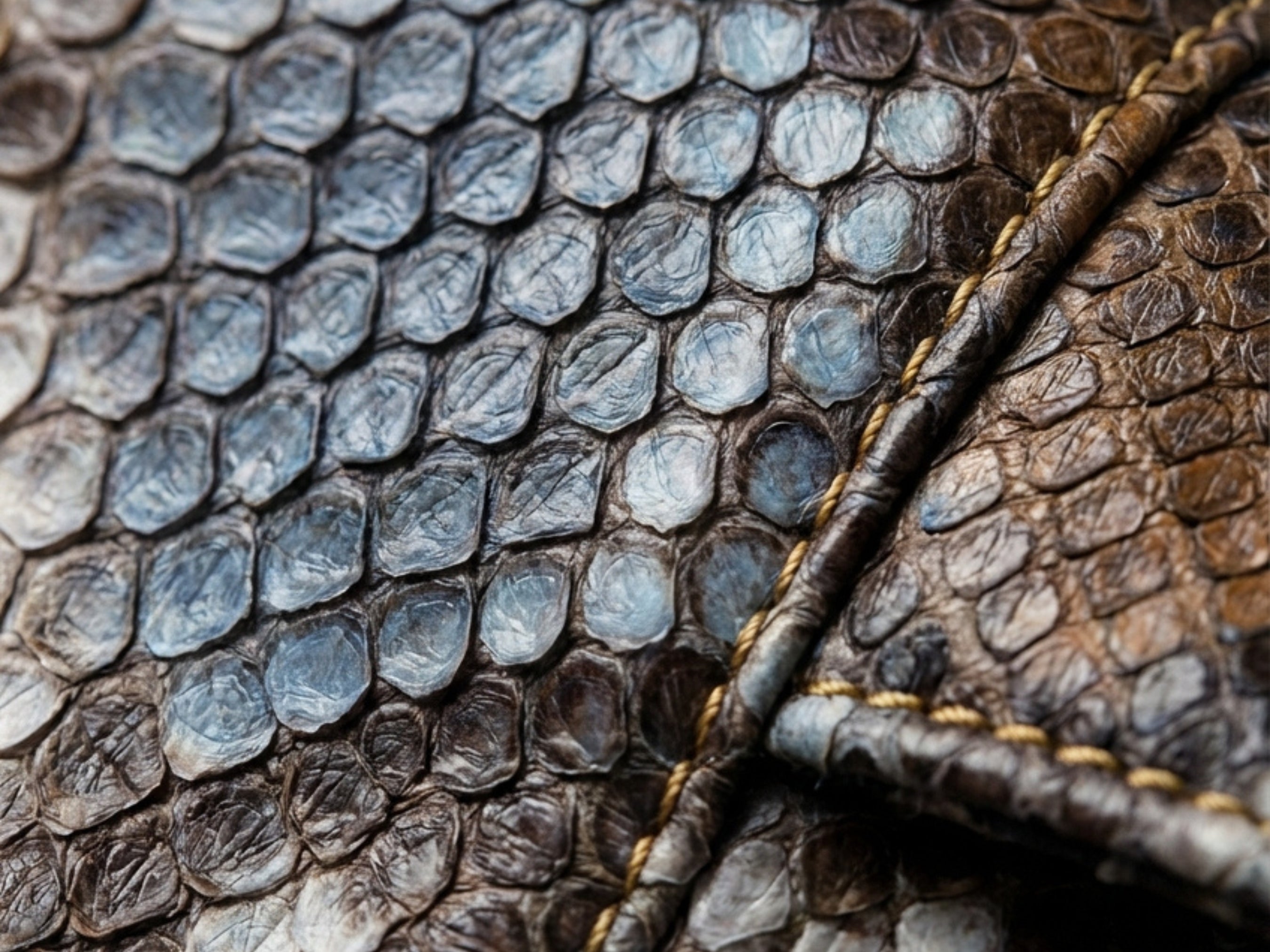 Close-up of snakeskin leather texture in blue, tan, and brown tones.