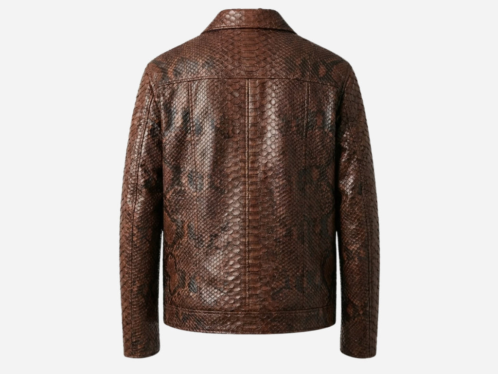 Brown python snakeskin jacket back view with stand collar and long sleeves