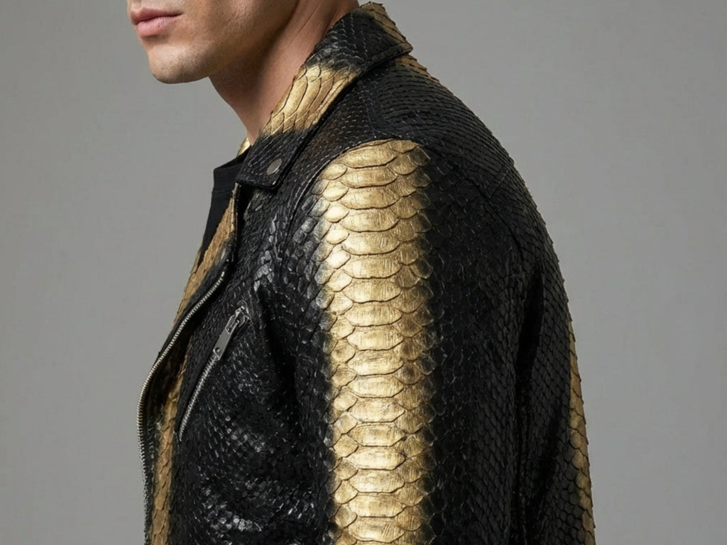 Shoulder detail of black python-print leather with gold vertical stripe and stud buttons