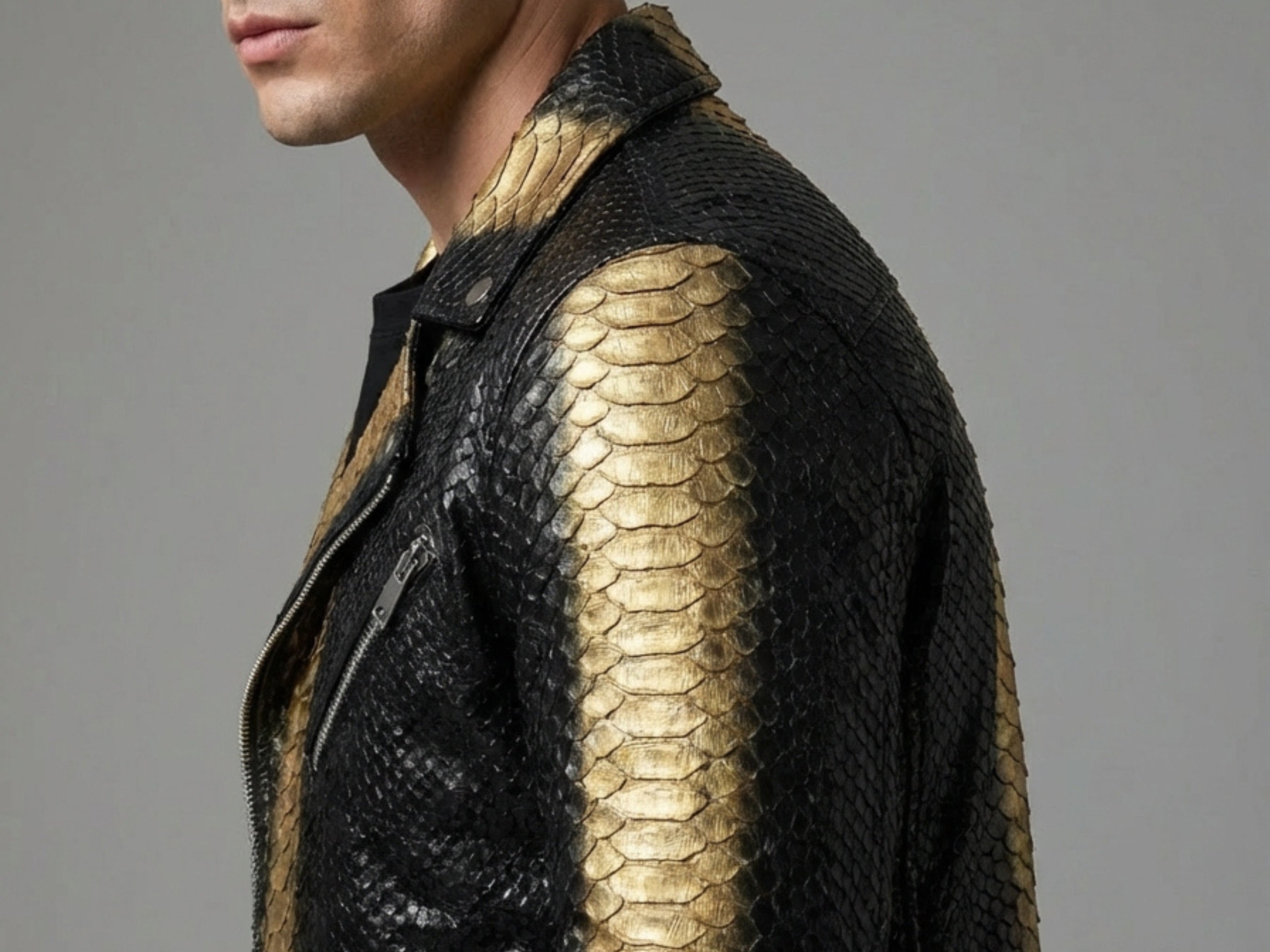 Shoulder detail of black python-print leather with gold vertical stripe and stud buttons