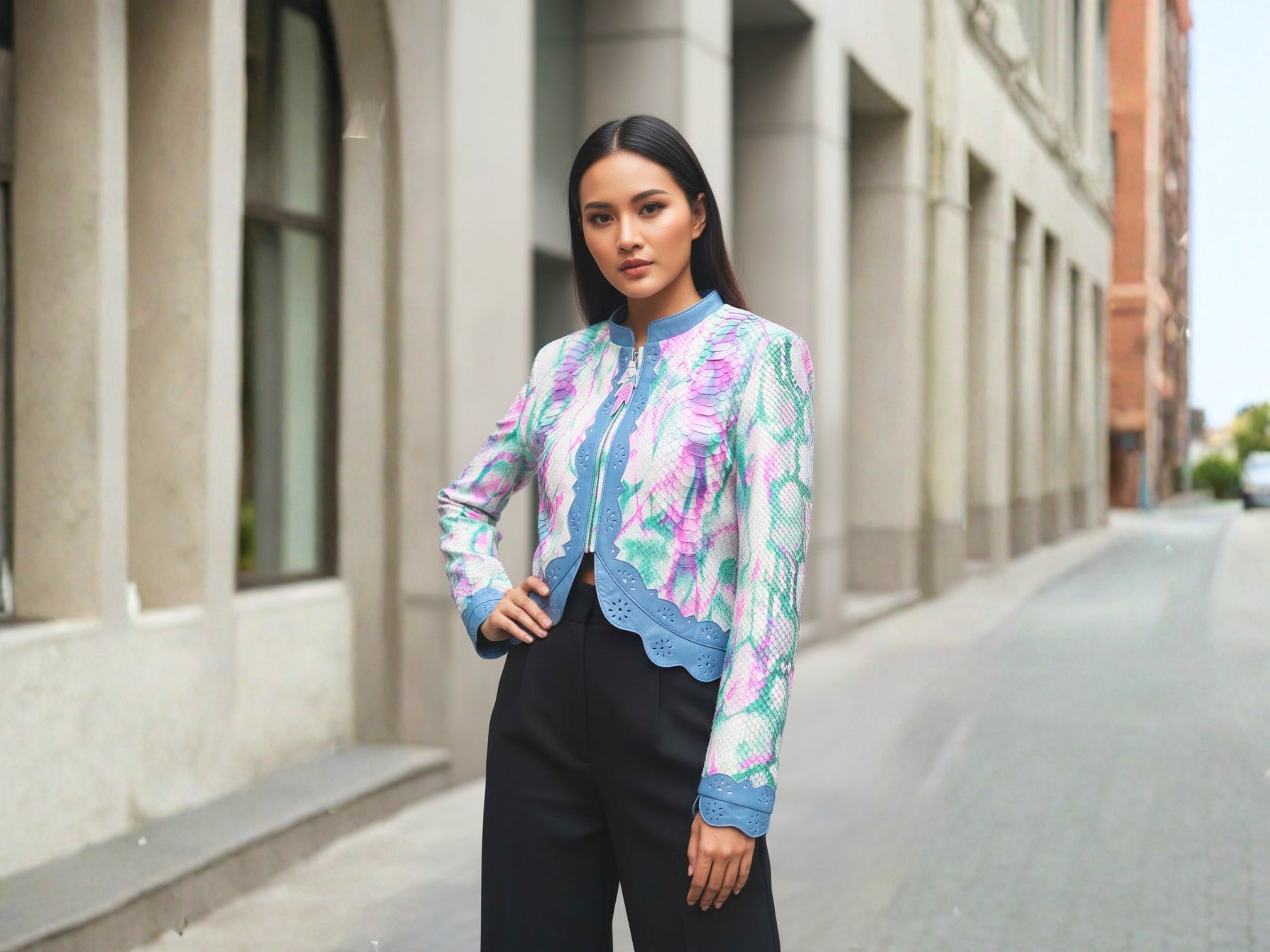 Cropped leather jacket with multicolor snakeskin tie-dye and blue trim, worn with black