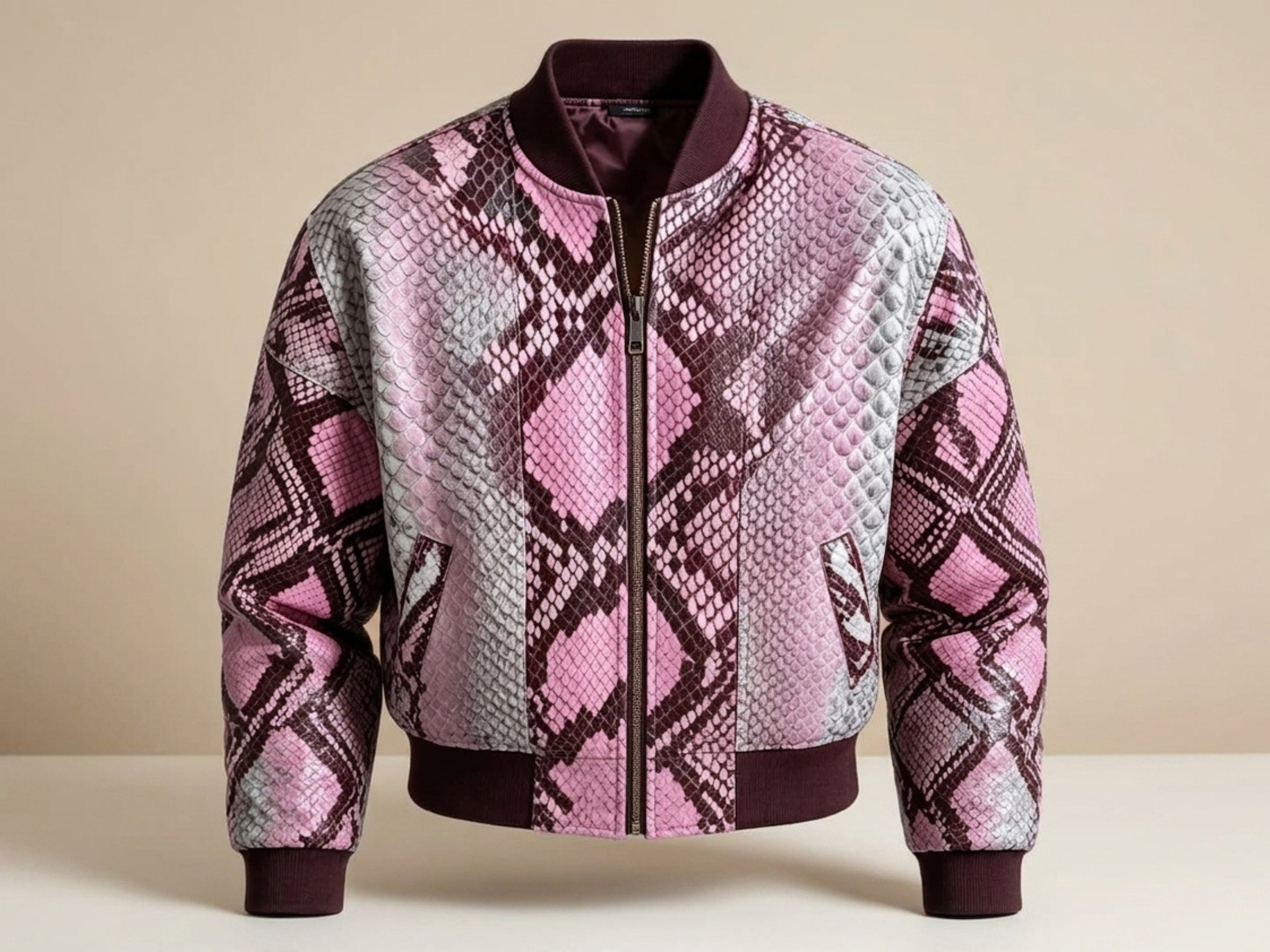 Front view of pink snakeskin bomber jacket with maroon ribbed collar and zip closure