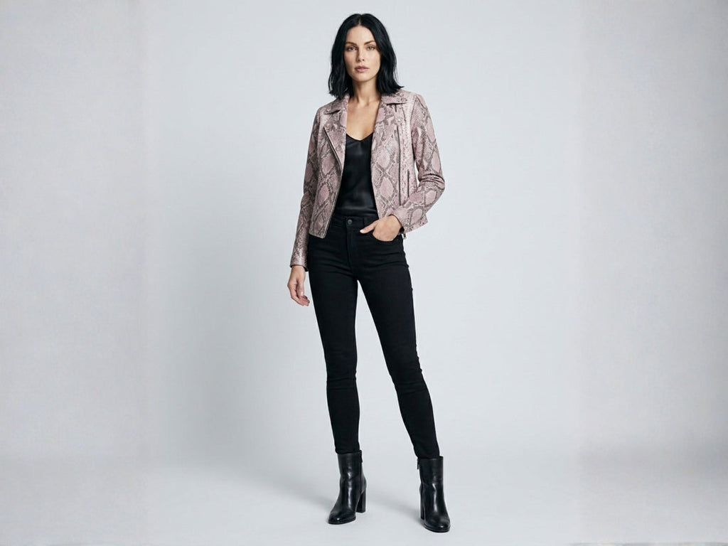 Snakeskin-pattern pink moto jacket worn with black jeans and boots