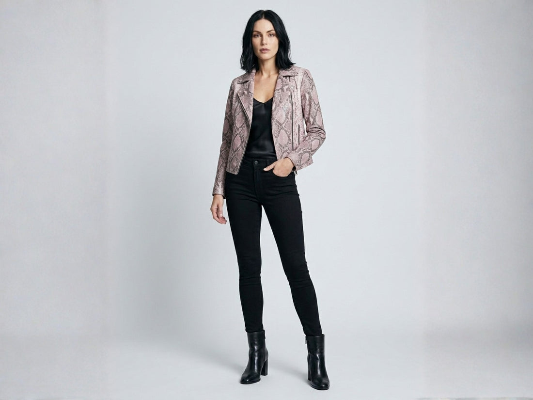 Snakeskin-pattern pink moto jacket worn with black jeans and boots