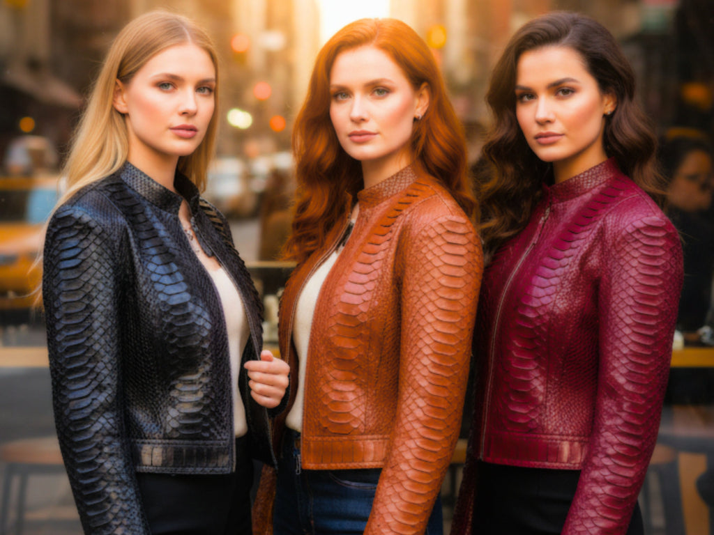 Snakeskin leather motorcycle jackets in dark blue, brown, and burgundy red