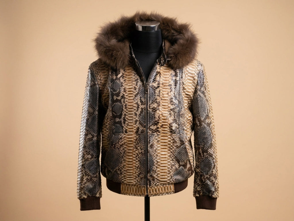 Mannequin wearing fur-trim hooded python snakeskin jacket with front zipper