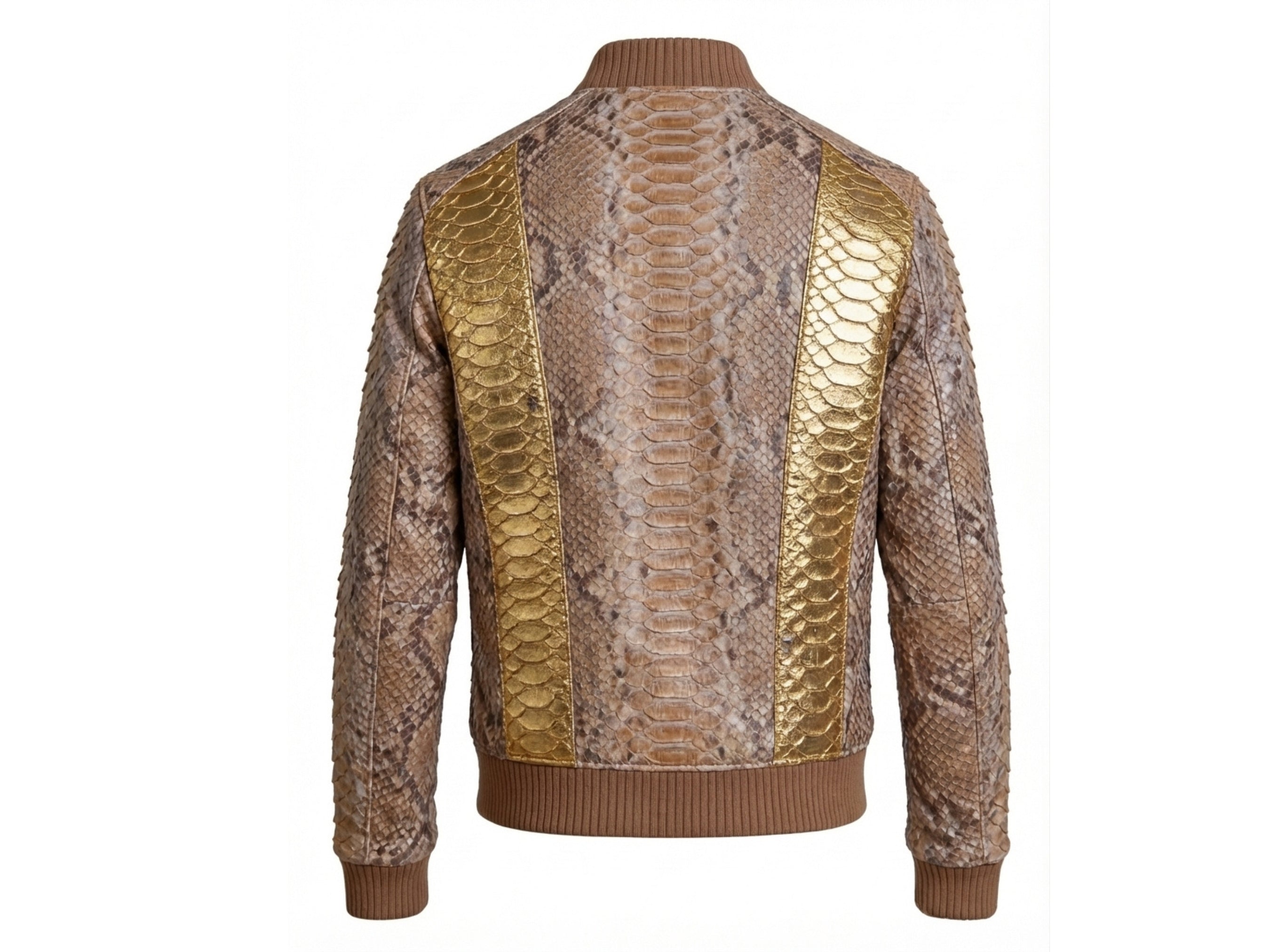 Back view of gold and brown snakeskin-look biker jacket with ribbed waist and cuffs