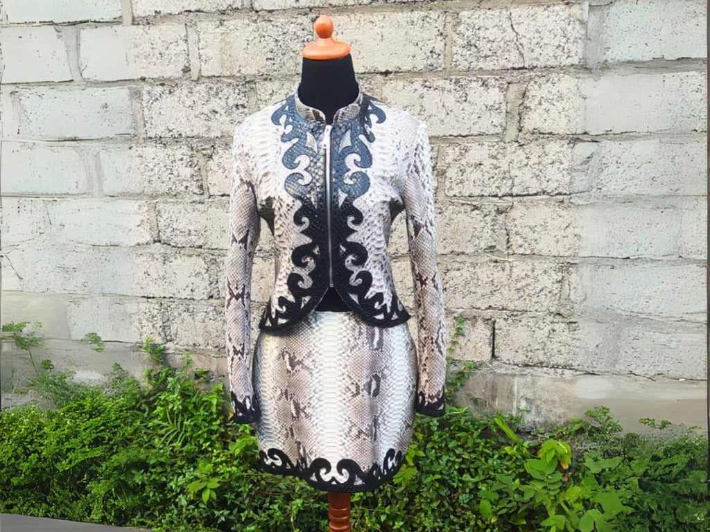 Snakeskin-print two-piece set with black button-front jacket detail