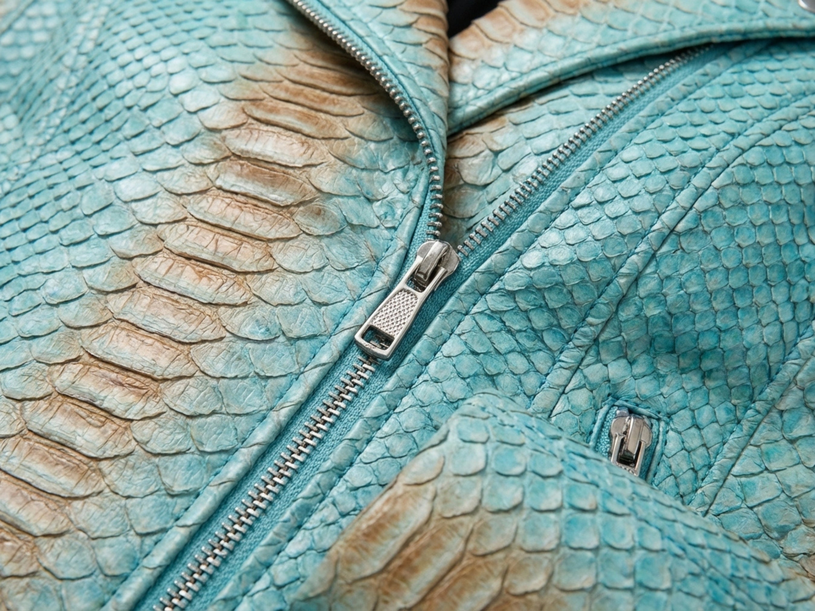 Turquoise snakeskin leather jacket close-up of zipper and overlapping scale panels