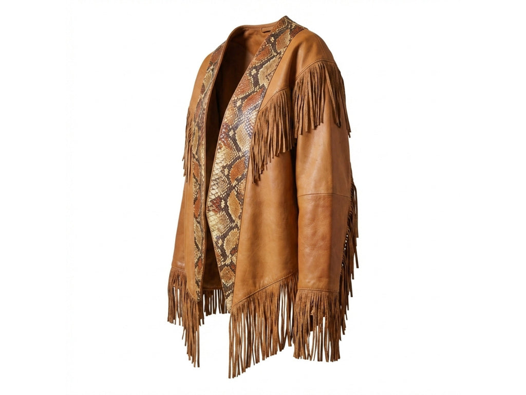 Brown suede fringe cape jacket with snakeskin-print panel front, long tassels