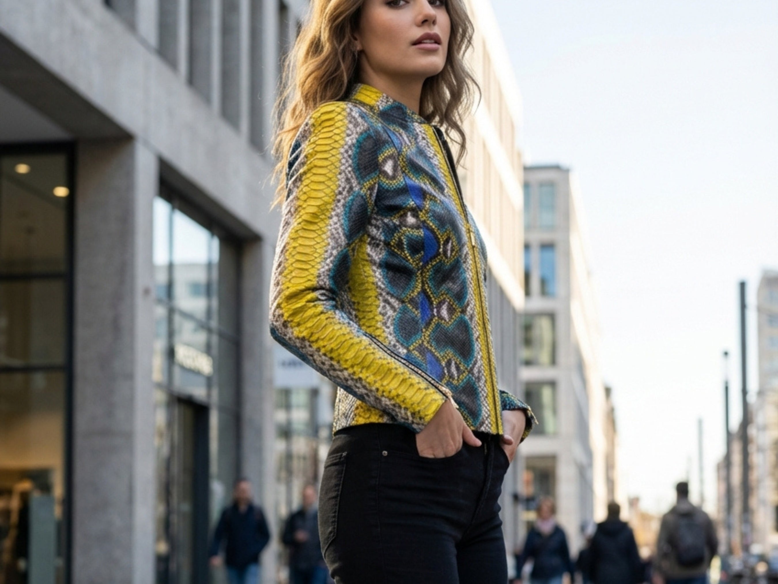 Multi-color snakeskin leather jacket with zip-front and stand collar, side profile