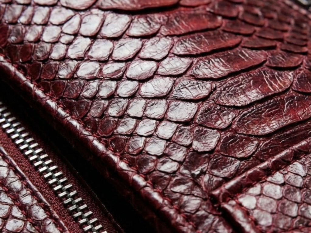 Burgundy python snakeskin leather texture close-up with zipper edge and stitching