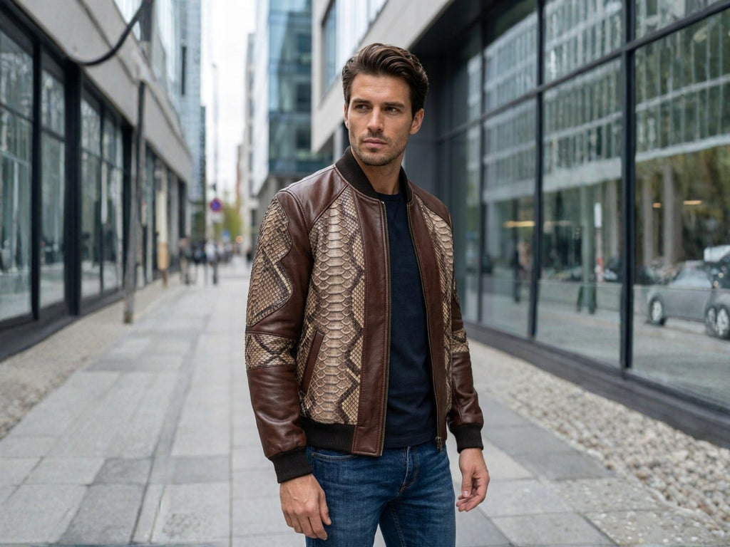Men's bomber jacket worn outdoors: dark brown leather with beige snakeskin-patterned sleeves.