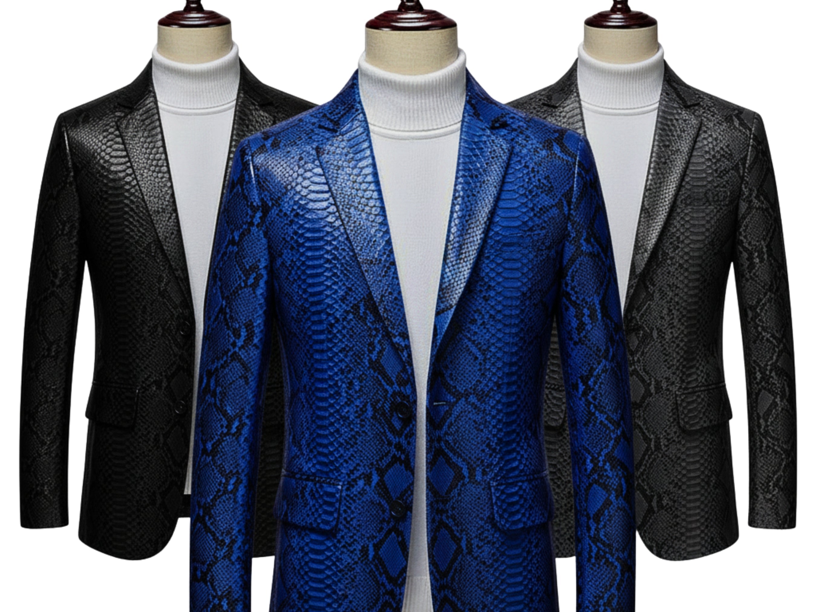 Set of men's snakeskin blazers: blue and black with notch lapels on mannequins.