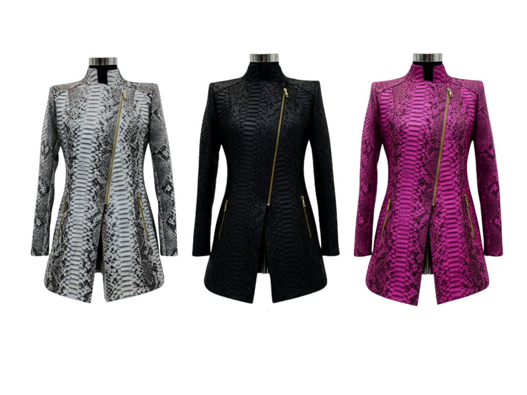 Python snakeskin asymmetrical zip jackets in gray, black, and fuchsia on mannequins