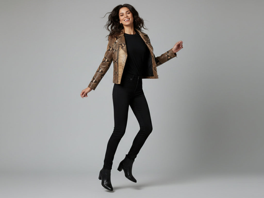 Natural brown snakeskin leather biker jacket on model, worn open over a black top