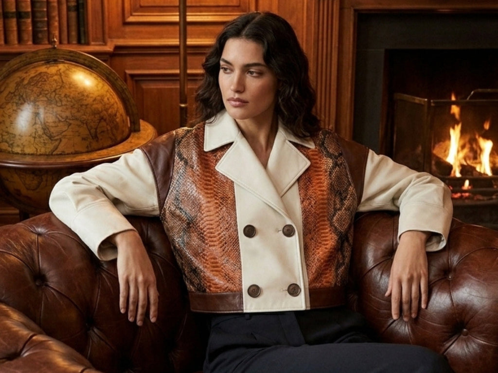Double-breasted blazer with cream collar and front, cognac-and-orange snakeskin center panel