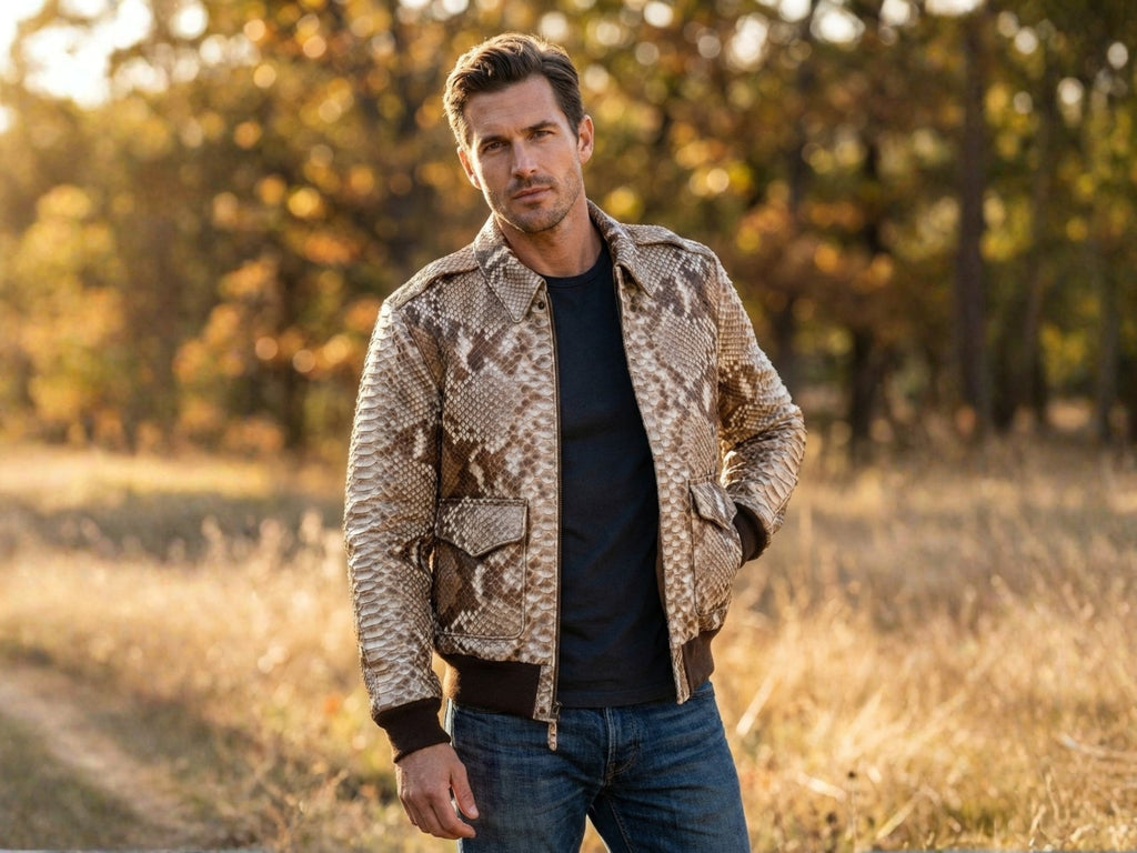 Taupe beige python snakeskin bomber jacket worn outdoors, ribbed cuffs and hem