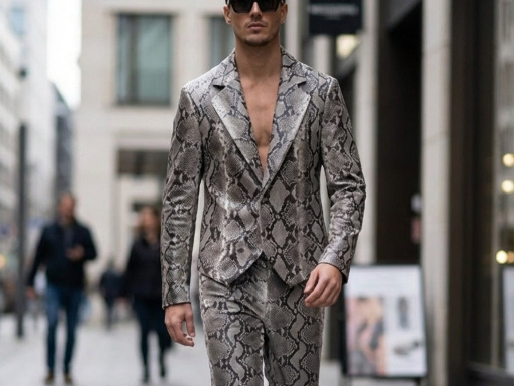 Python snakeskin suit set in natural gray: notch-lapel blazer and matching pants