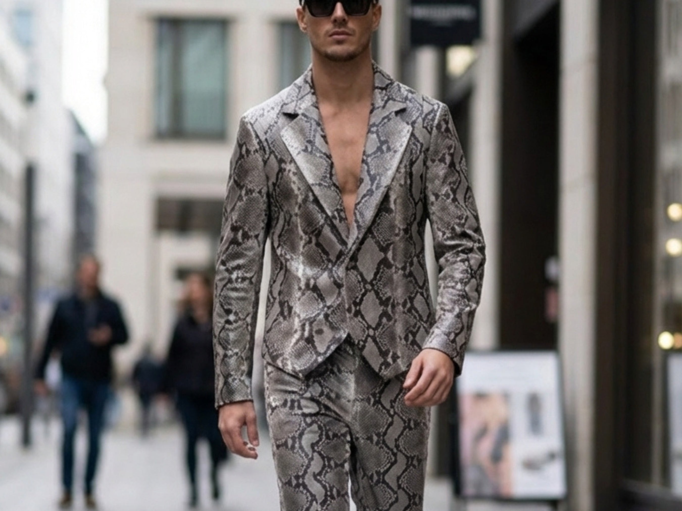 Python snakeskin suit set in natural gray: notch-lapel blazer and matching pants