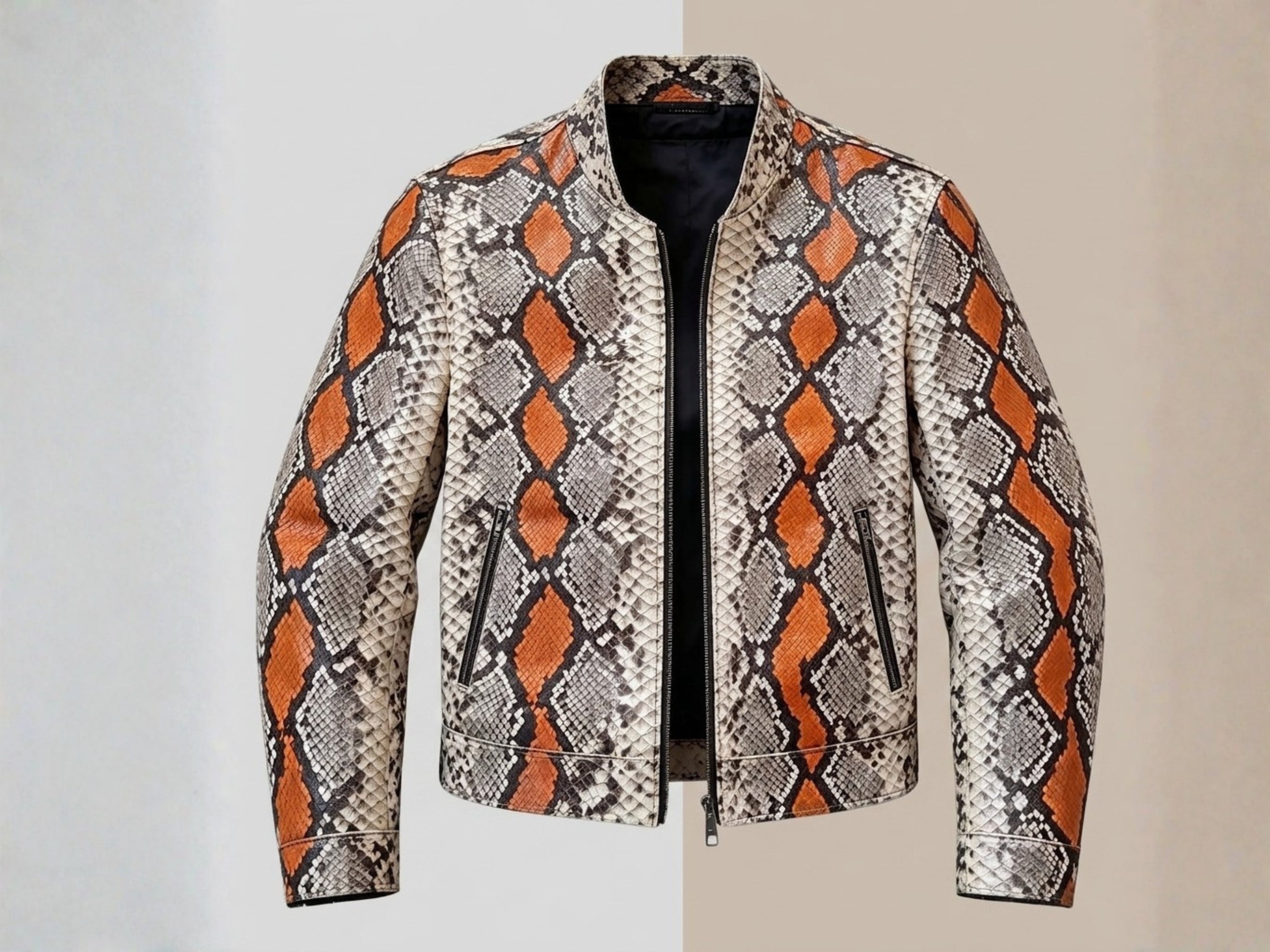 Python snakeskin jacket front view with orange diamond scales, black zip and stand collar