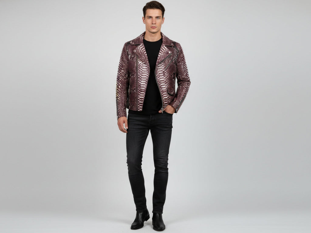 Men’s gradient burgundy snakeskin biker jacket, worn open with black top and jeans