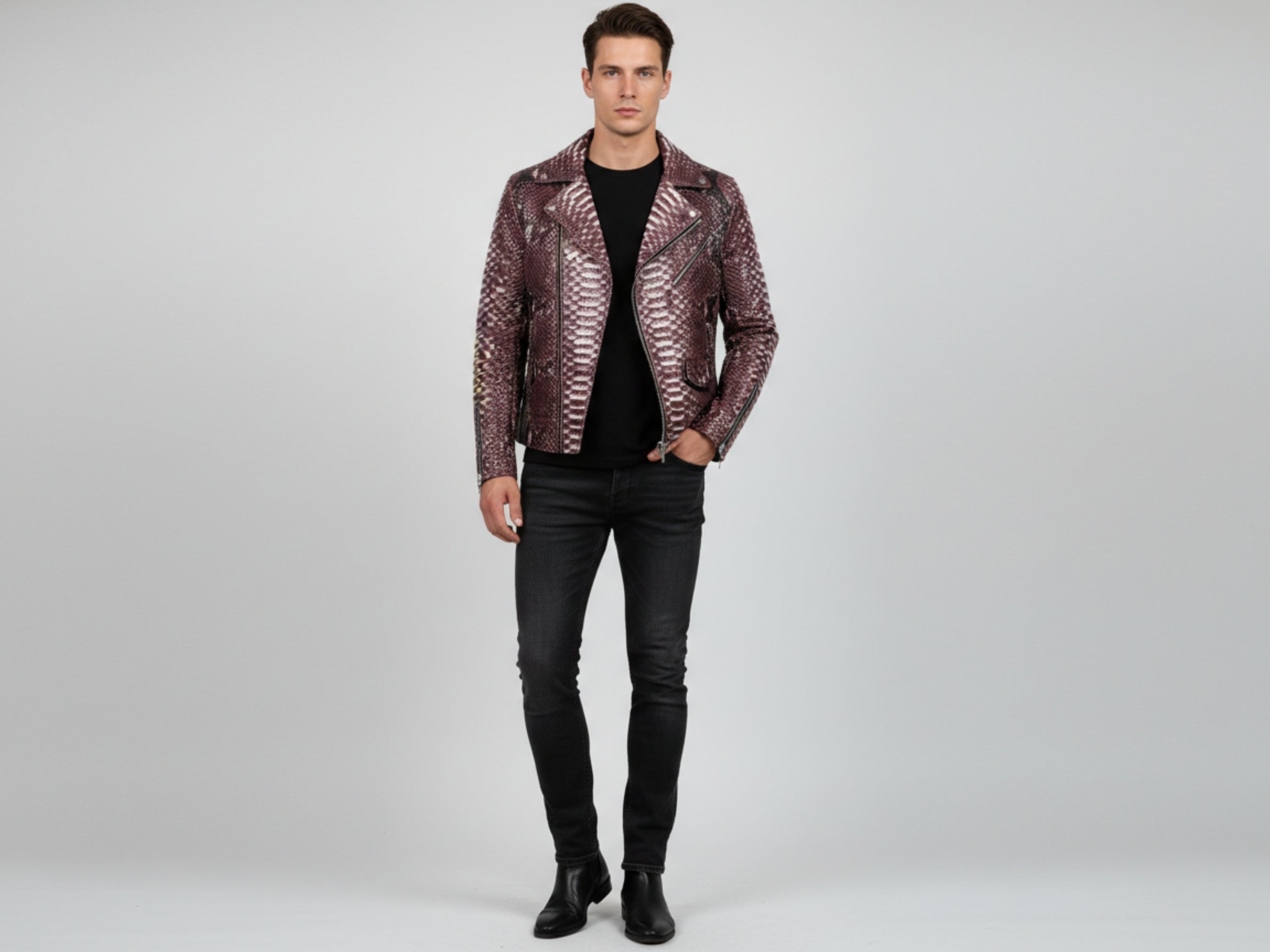Men’s gradient burgundy snakeskin biker jacket, worn open with black top and jeans