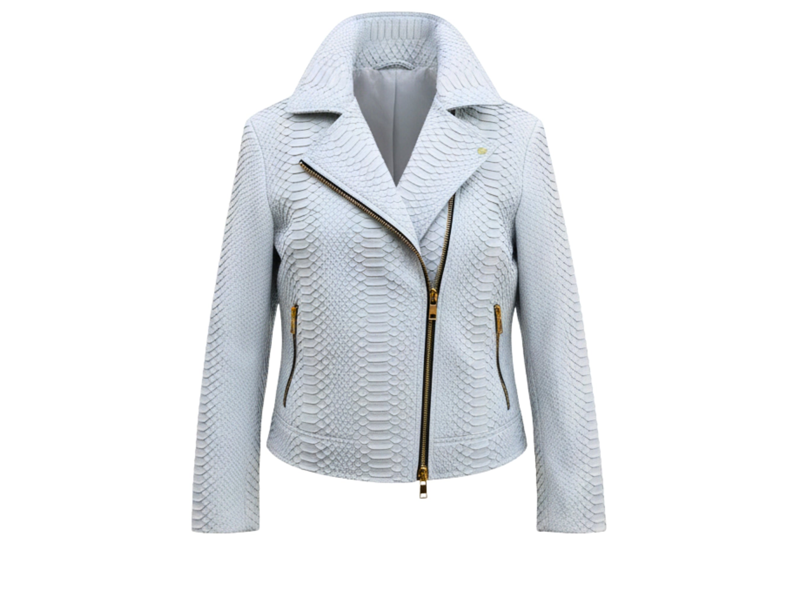 Light blue python-textured biker jacket front view with gold zip and lapels