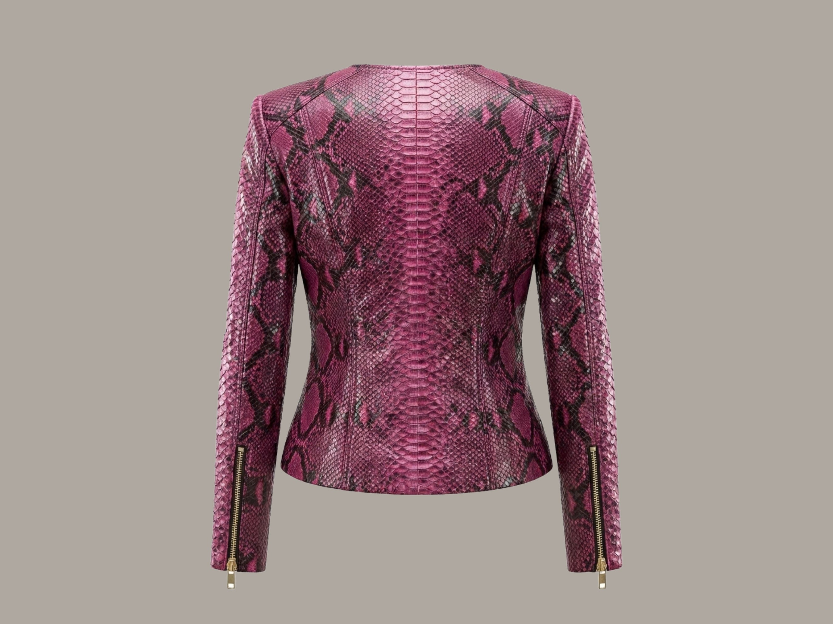 Pink burgundy snakeskin leather jacket, back view, long sleeves, gold zipper pulls