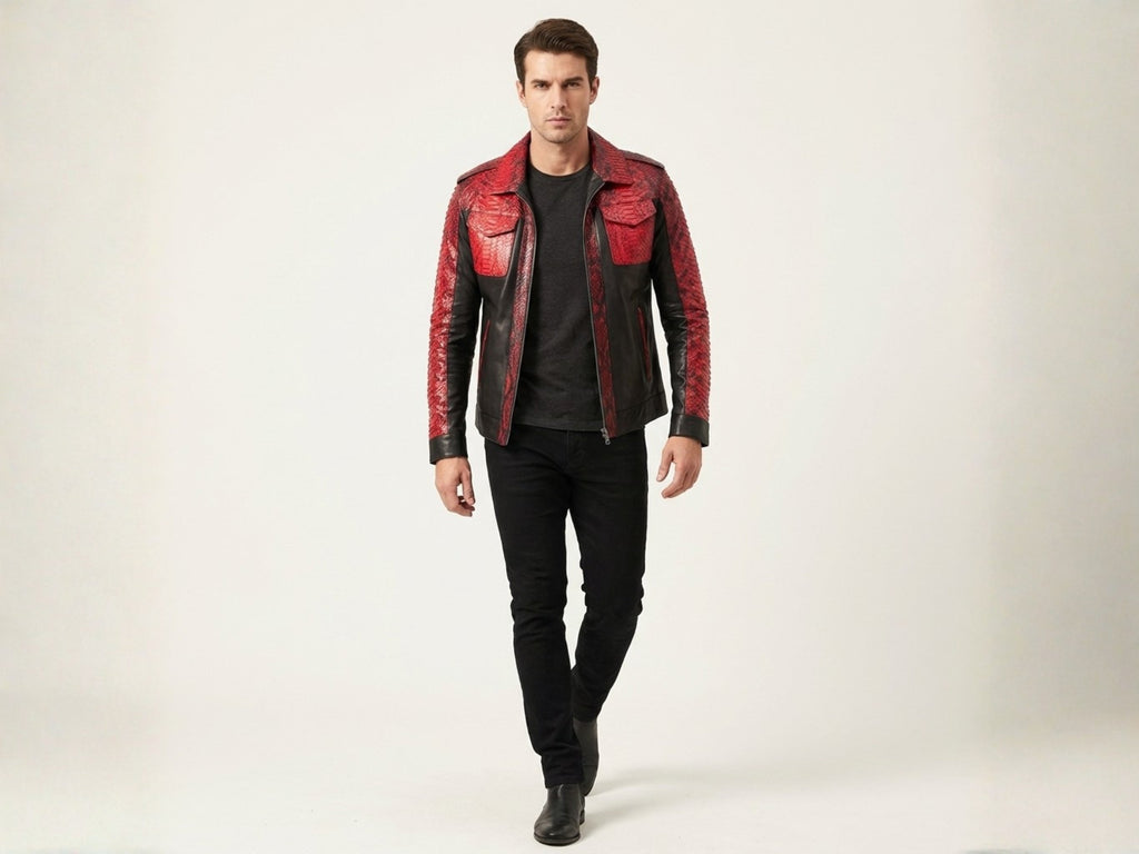 Red snakeskin-style jacket with black leather sleeves and chest pockets, front zipper closure