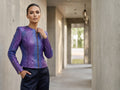 Purple-blue snakeskin jacket with front zip and long sleeves