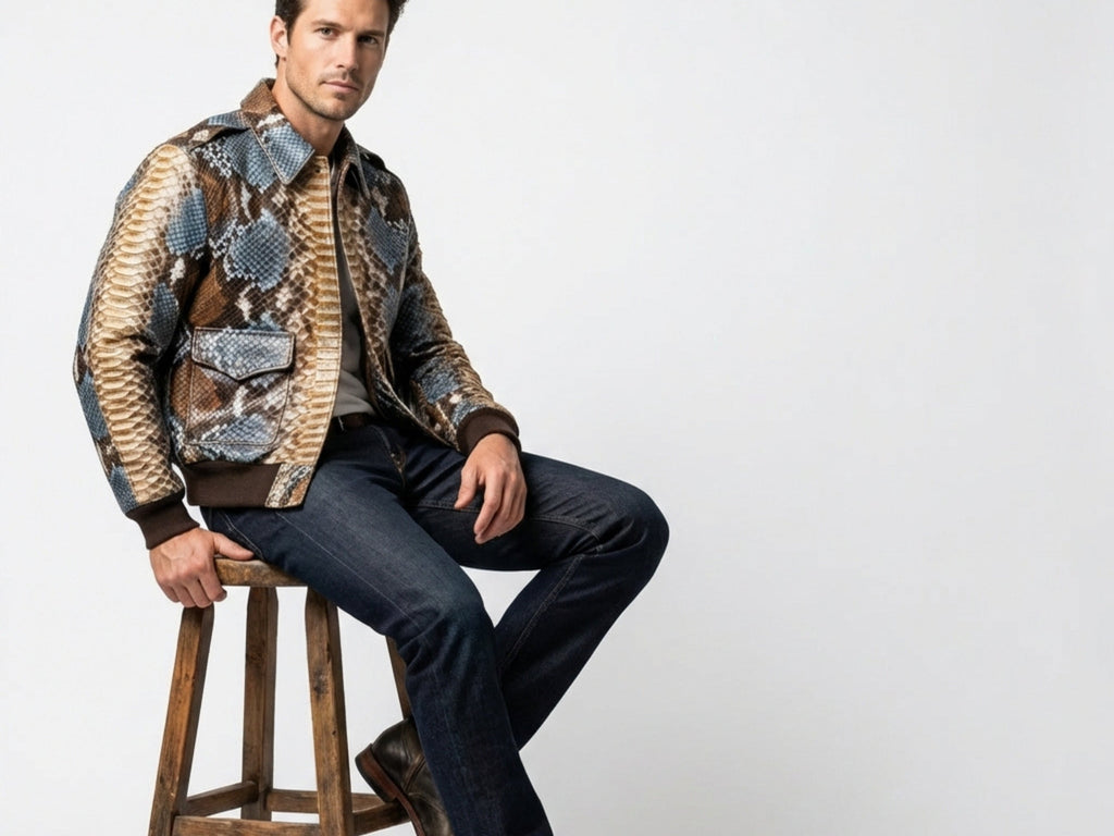 Men's snakeskin-pattern bomber jacket with brown, blue, and black panels