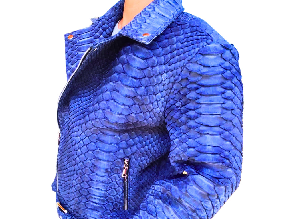 Blue snakeskin-pattern leather jacket with front zip and stand collar