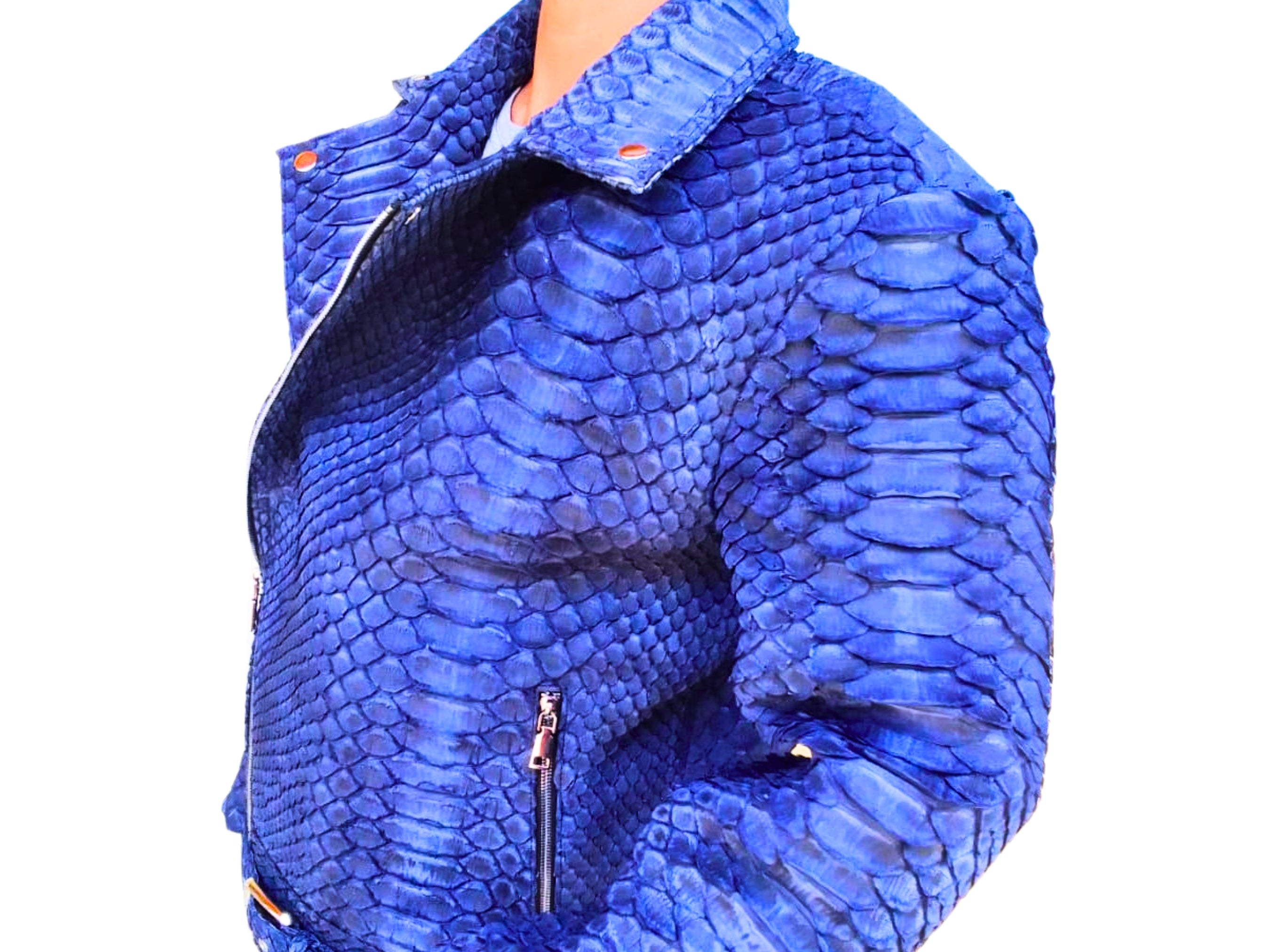 Blue snakeskin-pattern leather jacket with front zip and stand collar