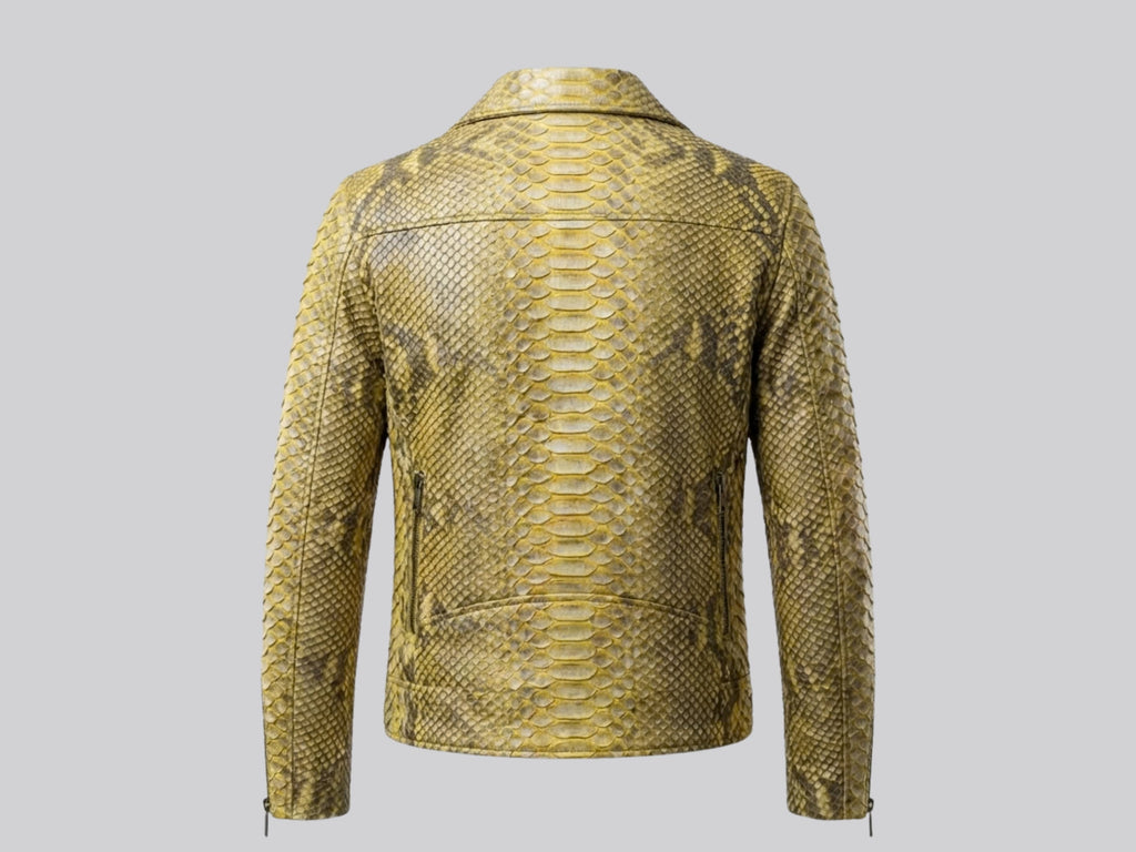 Back view of gold python snakeskin biker jacket with vertical scale detailing.