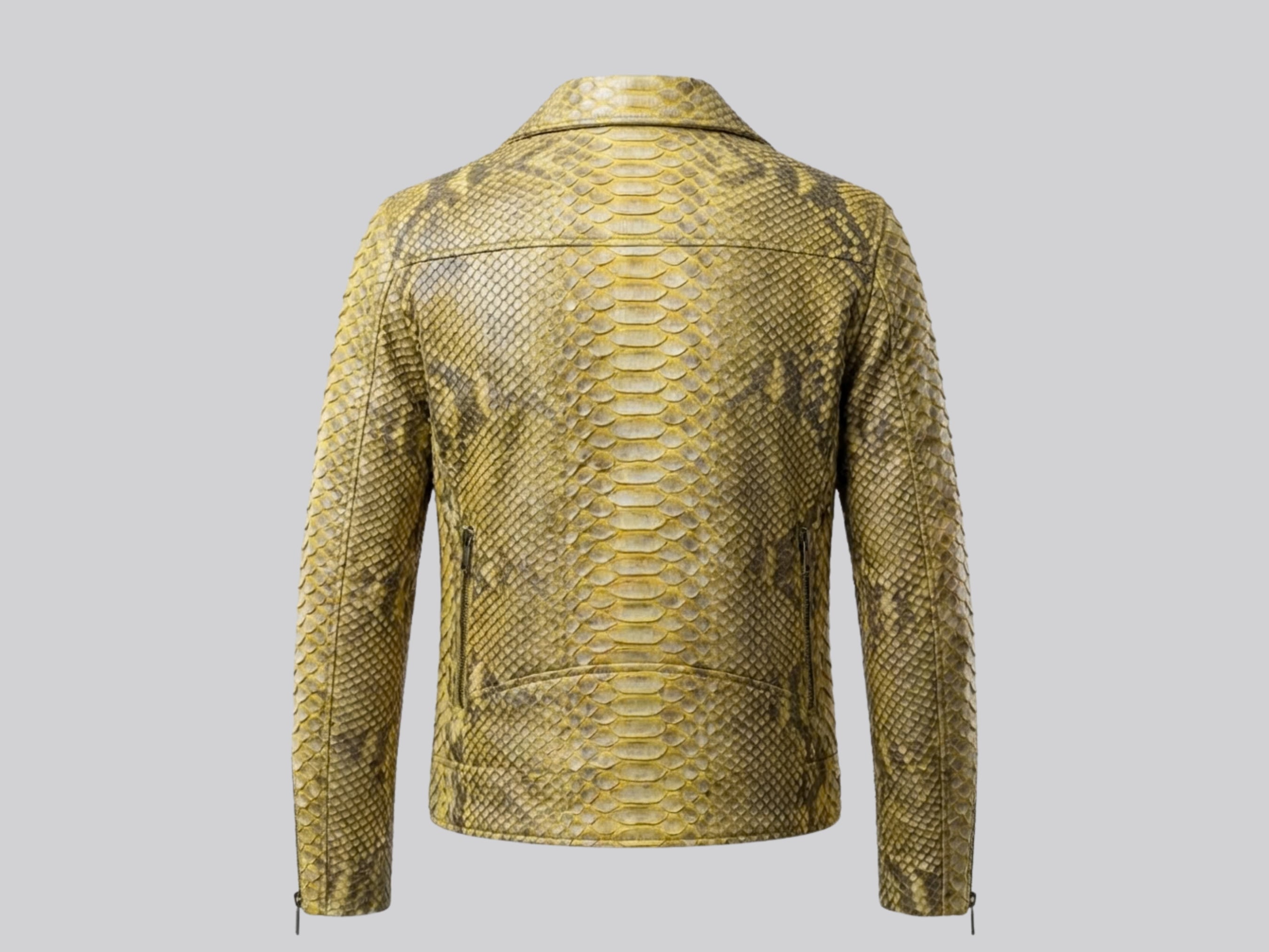 Back view of gold python snakeskin biker jacket with vertical scale detailing.