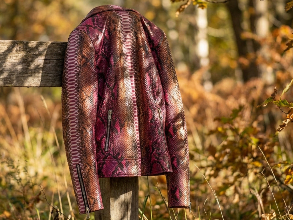 Back view of pink and brown snakeskin leather biker jacket with zip cuffs