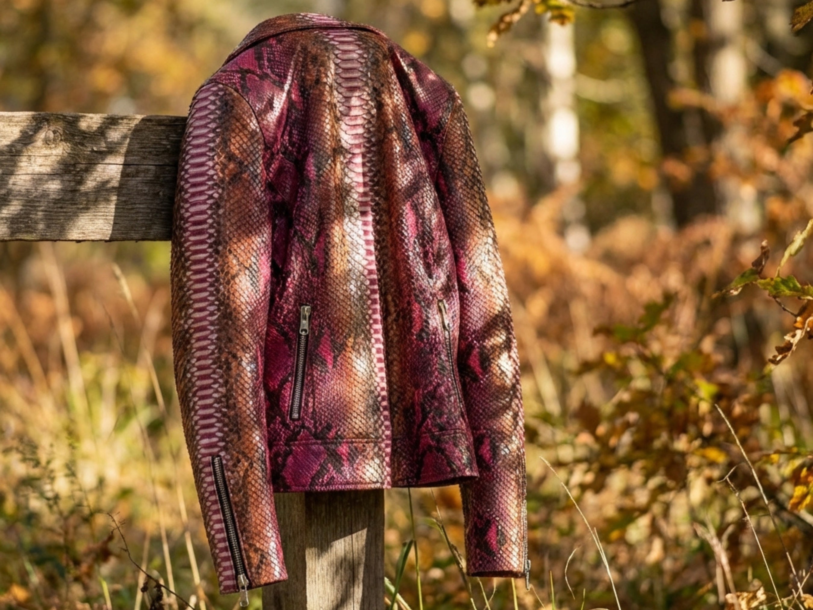 Back view of pink and brown snakeskin leather biker jacket with zip cuffs