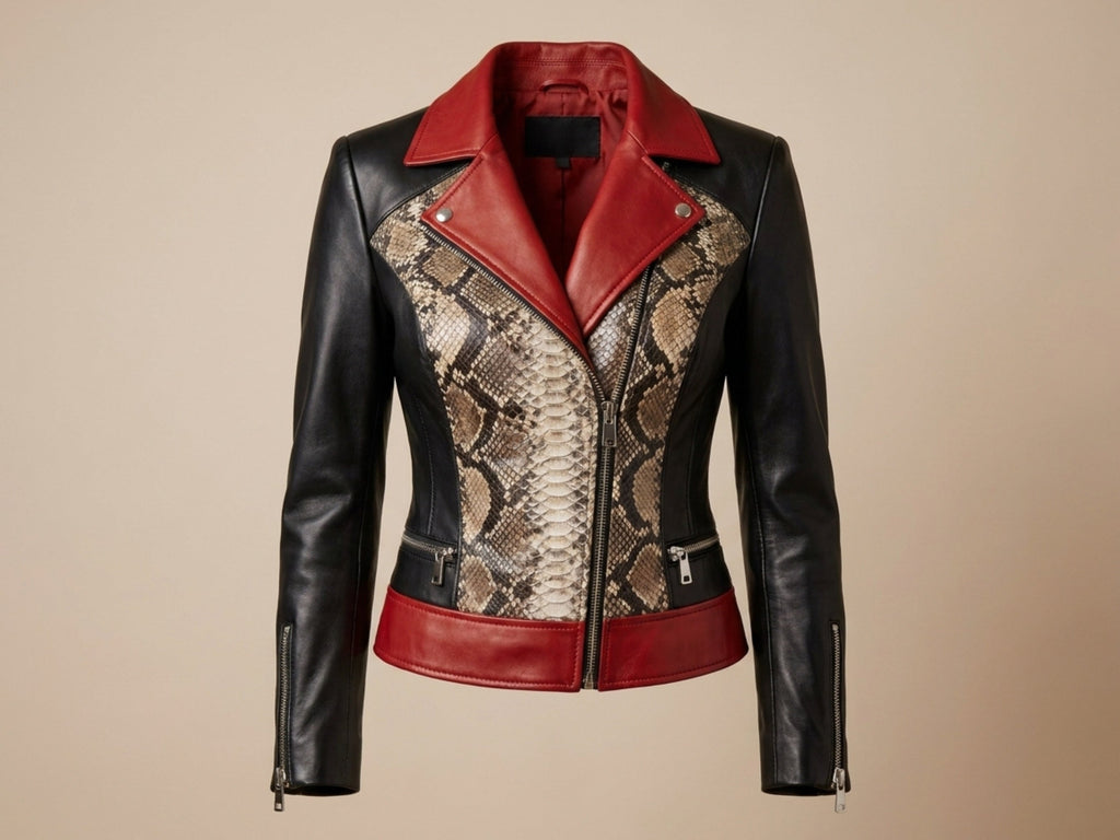 Front view of black biker leather jacket with snakeskin zipper panel and red collar