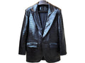 Men's alligator-skin jacket with notch lapels and two front pockets, single button.