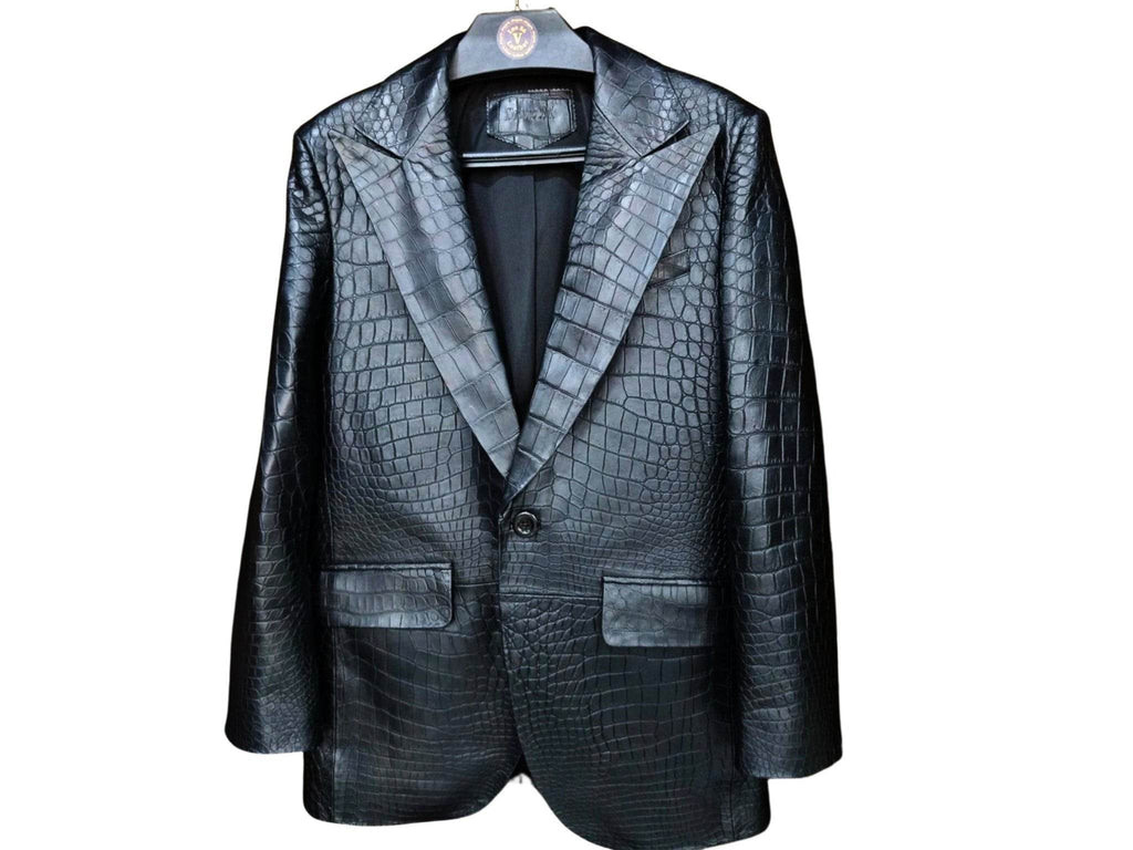 Men's alligator-skin jacket with V-notch lapels and flap pockets, single button closure.