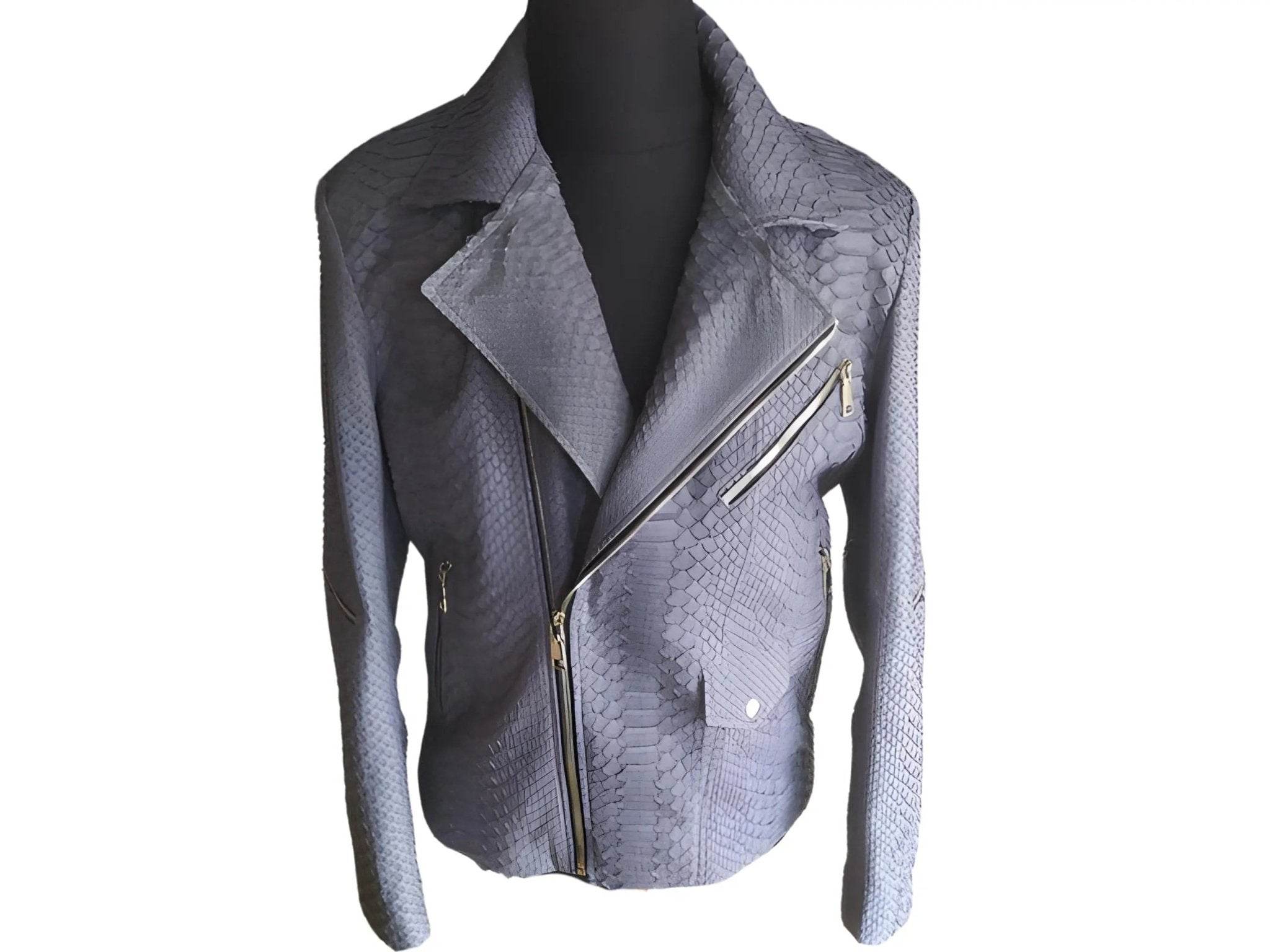 Purple and blue snakeskin leather moto jacket, asymmetrical zip front and stand collar