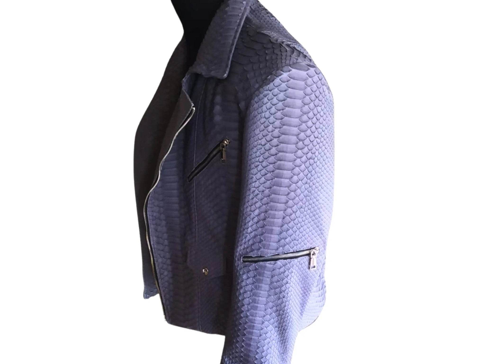 Snakeskin leather moto jacket side view, asymmetrical zip and chest zip pocket