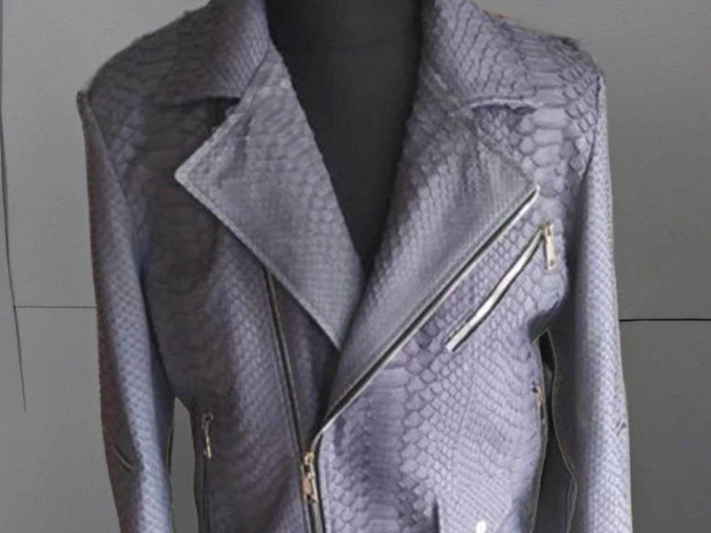 Snakeskin leather jacket close-up, diagonal zip detail and gold-tone hardware