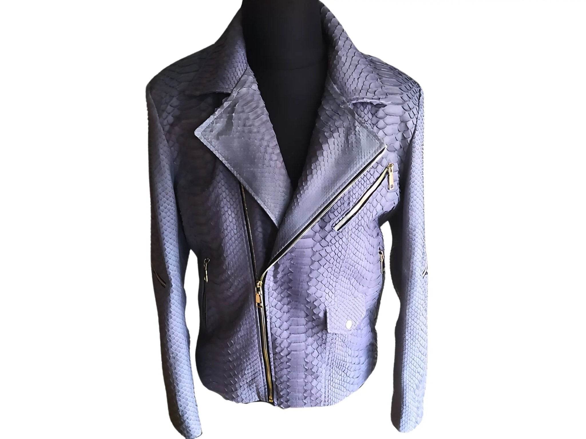 Amethyst purple snakeskin leather jacket with diagonal asymmetrical zip and high collar