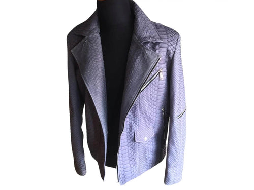 Lavender snakeskin leather moto jacket, asymmetrical zip front and zip pocket detail