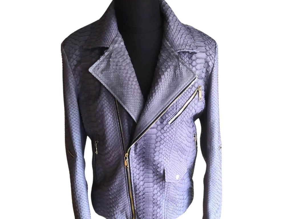 Snakeskin leather moto jacket front view, diagonal zip and stand collar