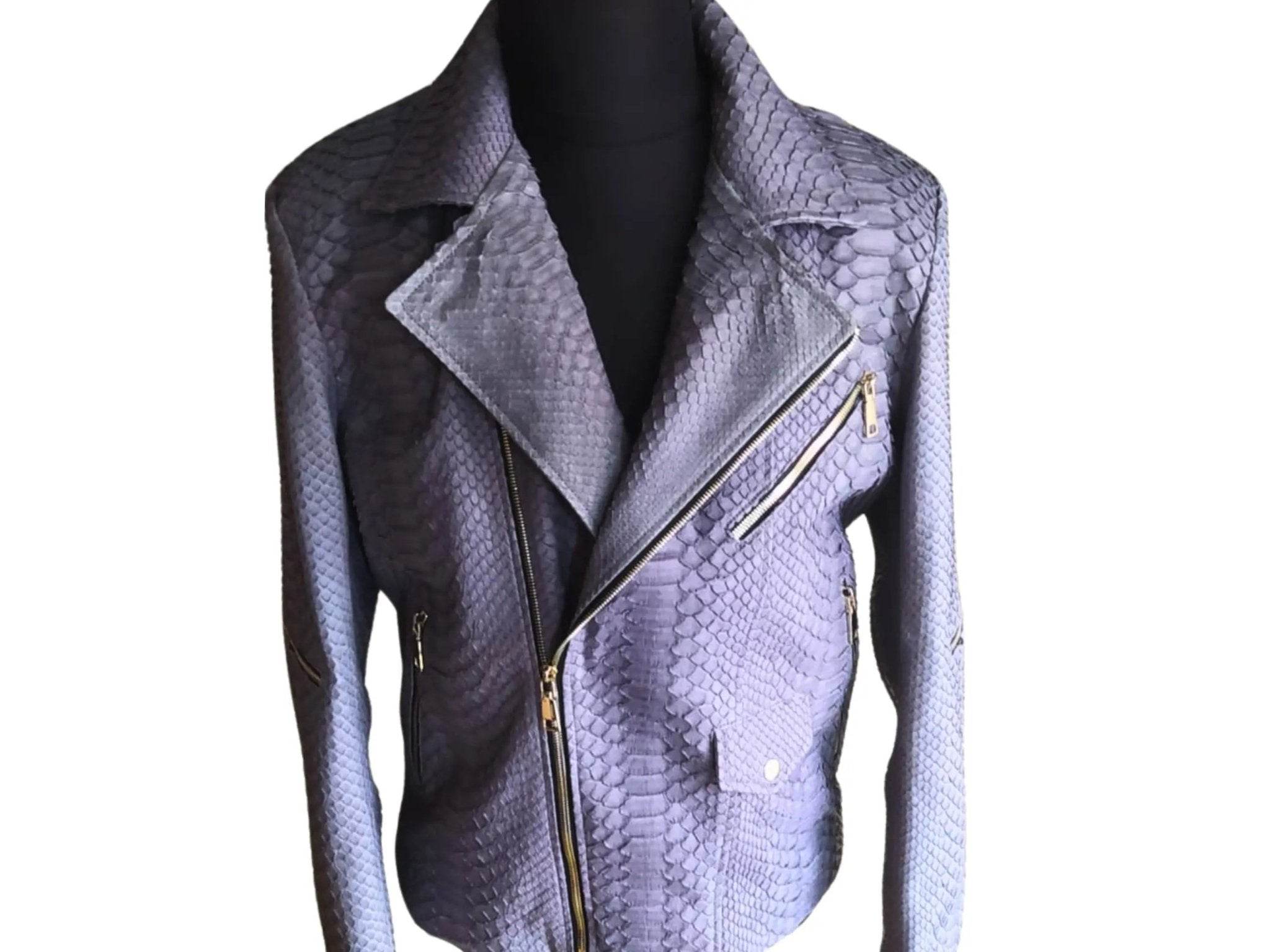 Snakeskin leather moto jacket front view, diagonal zip and stand collar