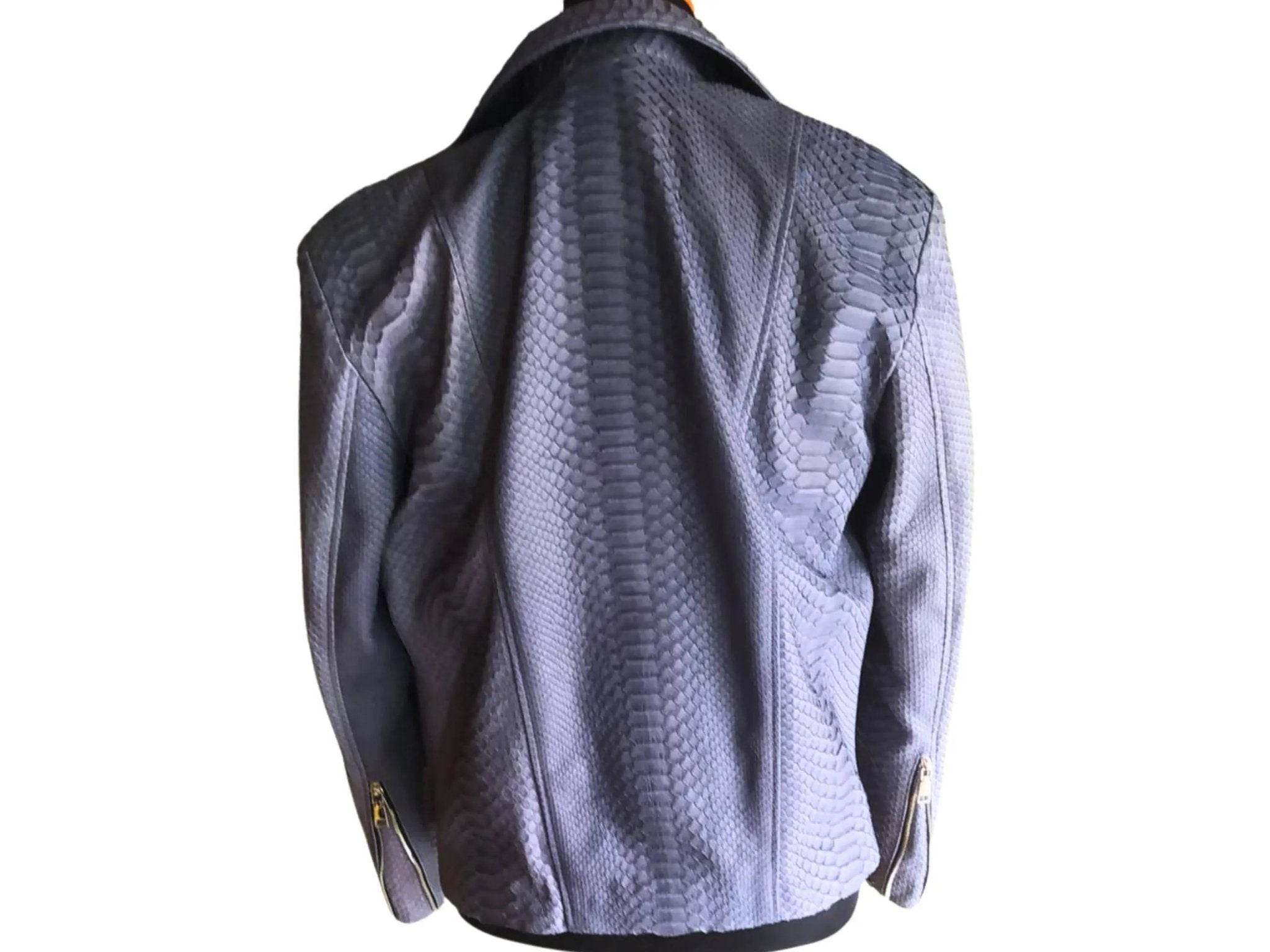 Snakeskin leather jacket back view, curved seams and standing collar